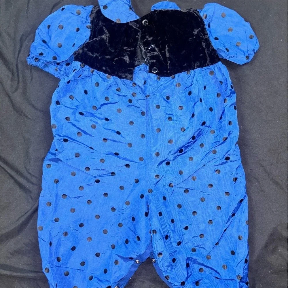 Vintage Girl Romper Blue Black Polka Dot Puff Sleeve Snap Crotch 9-12M one piece